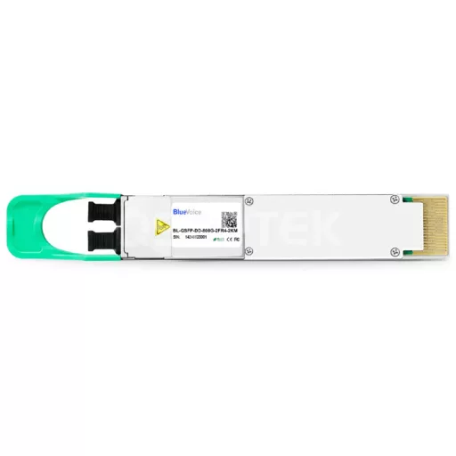 BlueVoice 2x400GBASE FR4 QSFP-DD PAM4 optikai adó-vevő modul (1271nm, 1291nm, 1311nm, 1331nm, 2km, Dual Duplex CS, SMF, 0℃ to +70℃, DDM)