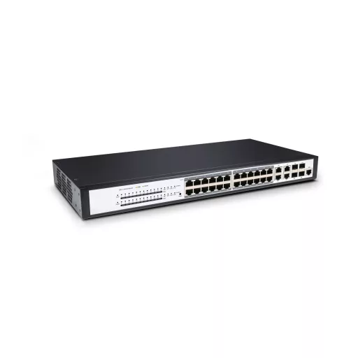 BL-OSW-53-24P4TS, 24 portos Gigabit Ethernet L2+ menedzselt aktív 802.3af/at PoE+ kapcsoló, 24x 10/100/1000BASE-T RJ45 PoE+ port @370W, 4x 1G RJ45/SFP kombinált porttal, akár 100M átviteli sebességgel, OSPF támogatással