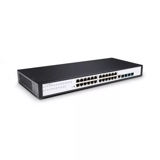 BL-OSW-53-24T4S, 24 portos Gigabit Ethernet L2+ menedzselt kapcsoló, 24x 10/100/1000BASE-T RJ45 port, 4x 1G SFP uplinkkel, ventilátor nélkül